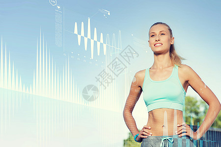 健身,运动,人,技术健康的生活方式快乐的轻妇女锻炼外的图表投影图片