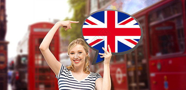 外语英语旅游人与交流的微笑的女人着英国的文字泡泡,指着伦敦城市街道的背景图片