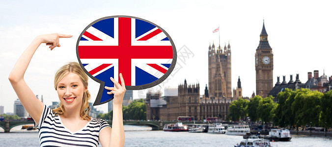 外语英语旅游人与交流的微笑的女人着英国的文字泡泡,指着伦敦城大本塔的背景图片