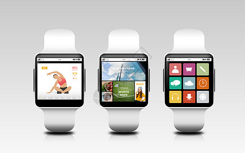 现代技术,象媒体智能手表与应用屏幕上的灰色背景图片