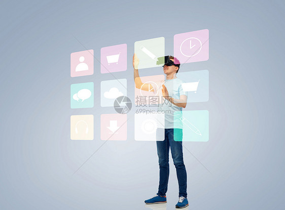 三维技术,虚拟现实,娱乐活动,网络人的快乐的轻人与虚拟现实耳机3D眼镜玩游戏触摸屏幕与菜单图标图片