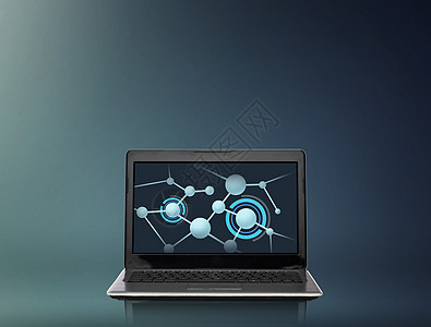 技术,网络,科学互联网笔记本电脑的分子结构屏幕上的灰色背景图片