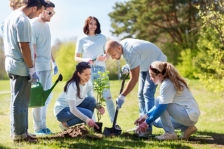 志愿服务慈善人生态理念群快乐的志愿者公园里植树用铲子挖洞图片