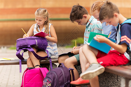 小学教育,友谊,童,沟通人的群快乐的小学生,背包笔记本坐长凳上,户外作业图片