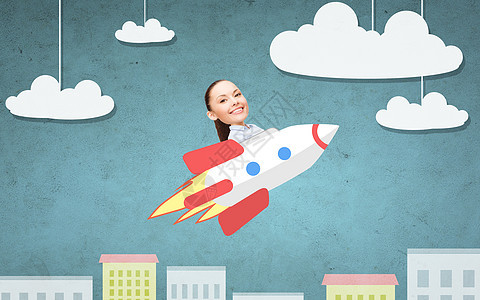 商业,创业,发展人的女商人乘坐火箭飞越卡通城市图片