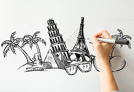 人,旅游,暑假艺术密切的手与标记绘制旅游地标素描白板纸特写手绘旅游地标图片
