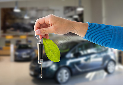 环境人交通生态车展商店背景上用绿叶饰品紧紧握住钥匙图片