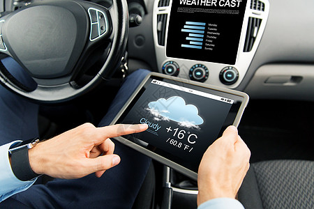 客车司机交通,商务旅行,技术,预测人的近距离的男手平板电脑电脑与天气投屏幕上的汽车背景