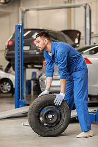 汽车服务,维修,维护人的汽车技工与车轮轮胎车间图片