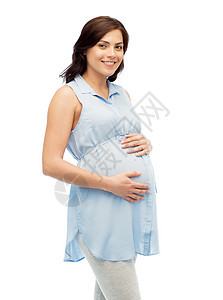 怀孕,母亲,人期望的快乐的孕妇触摸她的大肚子白色的背景图片
