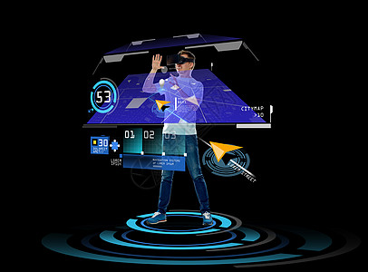 三维技术,增强现实,游戏,网络人的快乐的轻人虚拟现实耳机3D眼镜与GPS导航器投影黑色背景图片