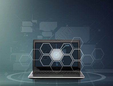 技术,虚拟现实网络连接笔记本电脑与六角投影深灰色背景图片