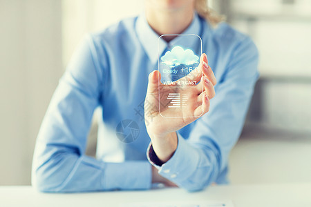 技术,应用,天气,预报人的密切妇女手握透明智能手机与云图标空气温度屏幕办公室图片