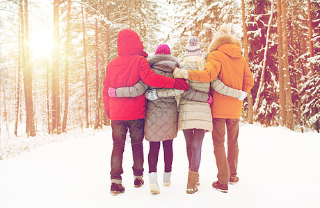 爱,关系,季节,友谊人的群快乐的男人女人冬天的森林里散步图片