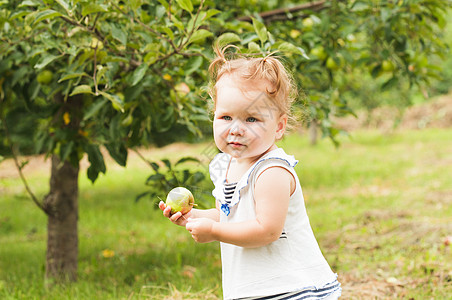 漂亮的小女孩手里着个苹果,站苹果树下图片