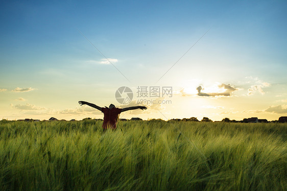 十几岁的女孩麦田里享受阳光日落时的女孩图片