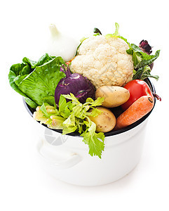 蔬菜汤平底锅中分离白色蔬菜汤图片