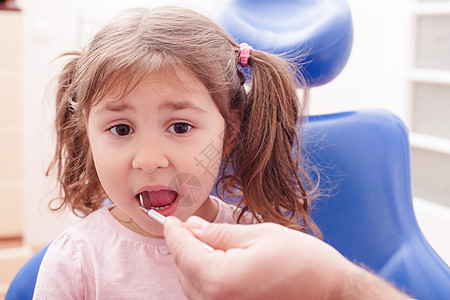 个小女孩的肖像,他张开嘴巴坐着,牙医那里检查牙齿牙医的接待处图片