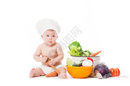 婴儿厨师帽子玩蔬菜隔离白色小厨师厨师图片