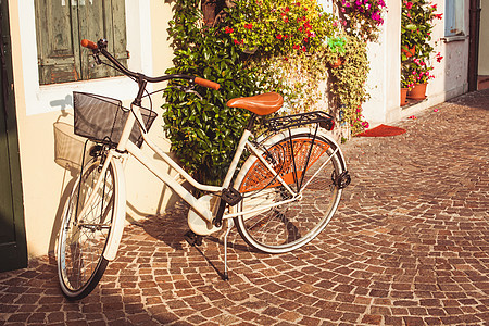 意大利老式房子墙上篮子的白色老式自行车意大利的复古自行车图片