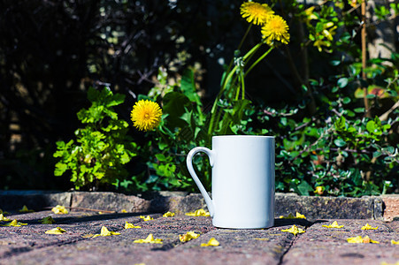 个白色的杯子个花园的露台上,背景花图片