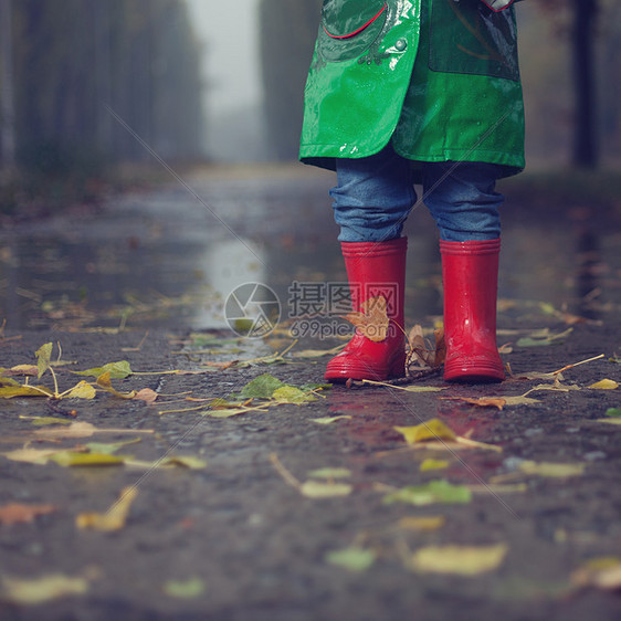 婴儿秋天的雨公园散步图片