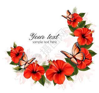 节日背景红色美丽的花朵蝴蝶矢量图片