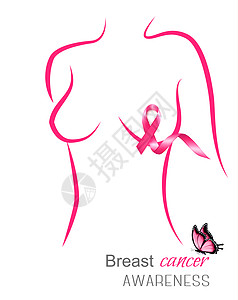 女身体轮廓与粉红色丝带蝴蝶乳腺癌意识矢量图片