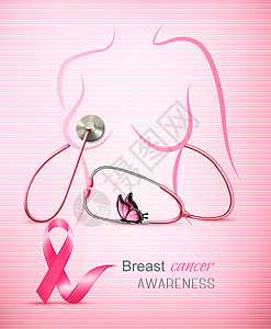 乳腺癌意识背景与听诊器女身体轮廓矢量图片