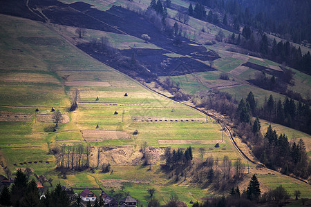 山村里阳光明媚的春天田野山丘四月乌克兰喀尔巴阡山图片
