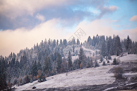 秋天的场雪山上下雪喀尔巴阡山脉图片