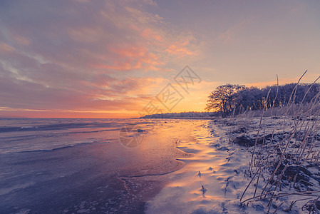 斯堪的纳维亚个冰冻的海岸上美丽的日出图片