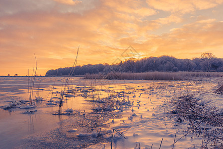 冬天美丽的日出中湖上的冰图片