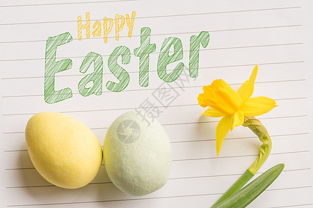 快乐的复活节问候与复活节鸡蛋水仙花明亮的颜色图片