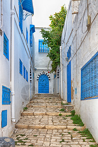 西迪布说典型的建筑白色墙壁,蓝色门窗,突尼斯图片