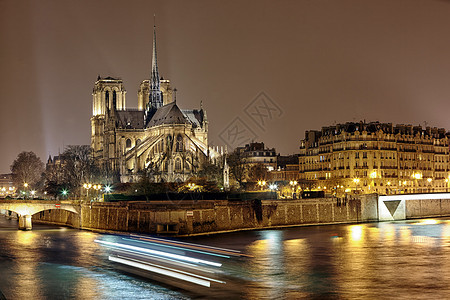 与巴黎母院大教堂观看CITE岛的夜景图片