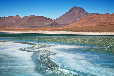 查看智利阿塔卡马沙漠的冰冻泻湖Quepiaco阿卡马拉奇火山图片