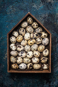 土制木箱中的鹌鹑蛋以房子的形式出现复活节贺卡图片