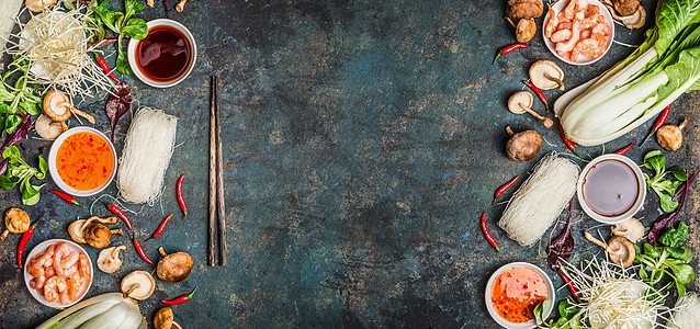亚洲食品背景,各种烹饪原料乡村背景,顶部视图,横幅亚洲食物中国泰国菜图片