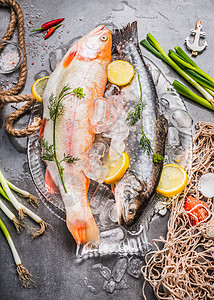 两条生的整条鱼,配上新鲜的食材,美味健康的烹饪金虹鳟鱼混凝土石背景与冰块渔网,顶部的鱼盘的准备背景图片