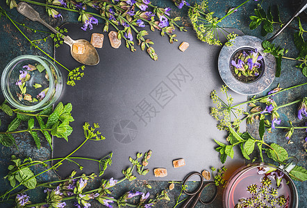 草药茶成分与各种新鲜草药鲜花,杯茶工具黑色黑板背景,顶部视图,框架图片