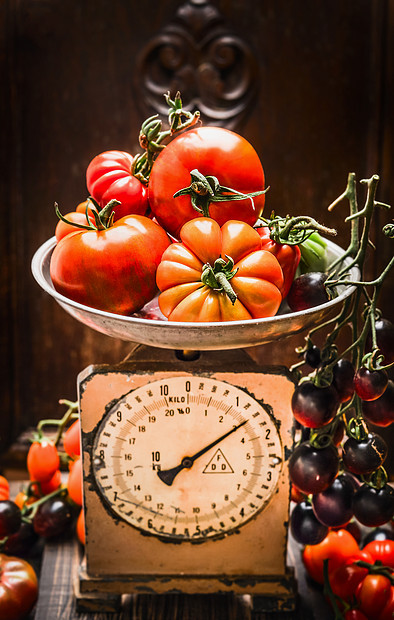 成熟的农场西红柿老式的鳞片,厨房静物场景图片