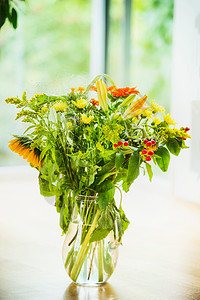 夏天的花窗户的璃花瓶里着丝分裂的向日葵图片