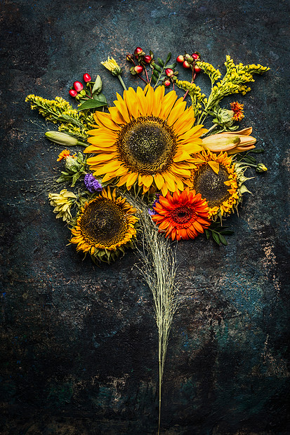 秋天的花与向日葵黑暗的复古背景顶部的景色