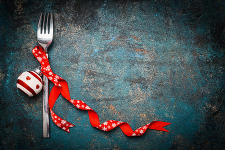 诞背景的节日晚餐与叉子红色装饰复古背景图片