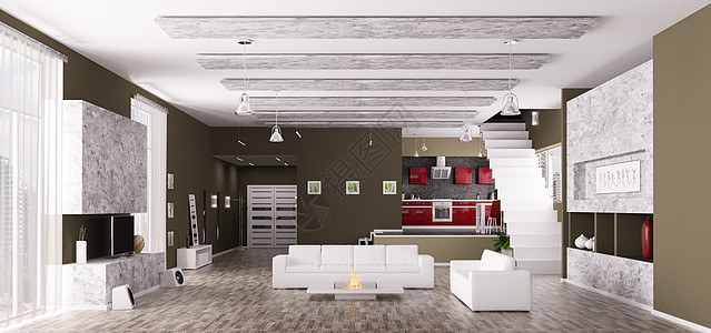 现代公寓内部客厅大厅厨房全景三维渲染图片