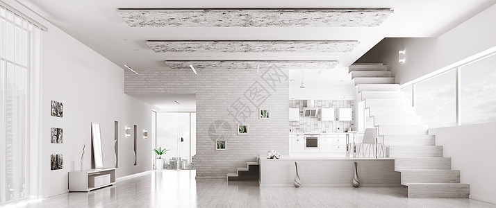 现代白色公寓大厅内部厨房全景三维渲染图片