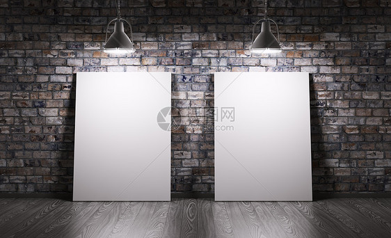 砖墙上两张海报灯的房间图片