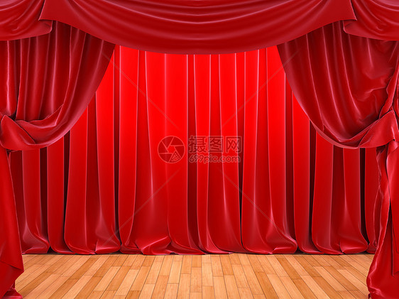红色天鹅绒窗帘打开了场景图片