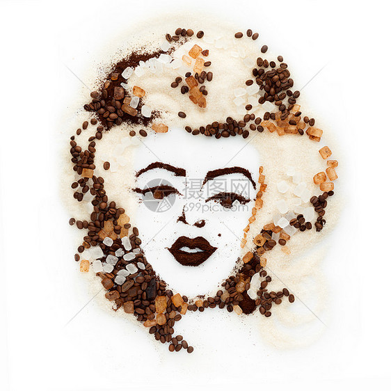 食物艺术的美丽女脸由咖啡豆,磨咖啡糖,白色棕色,孤立白色背景上图片